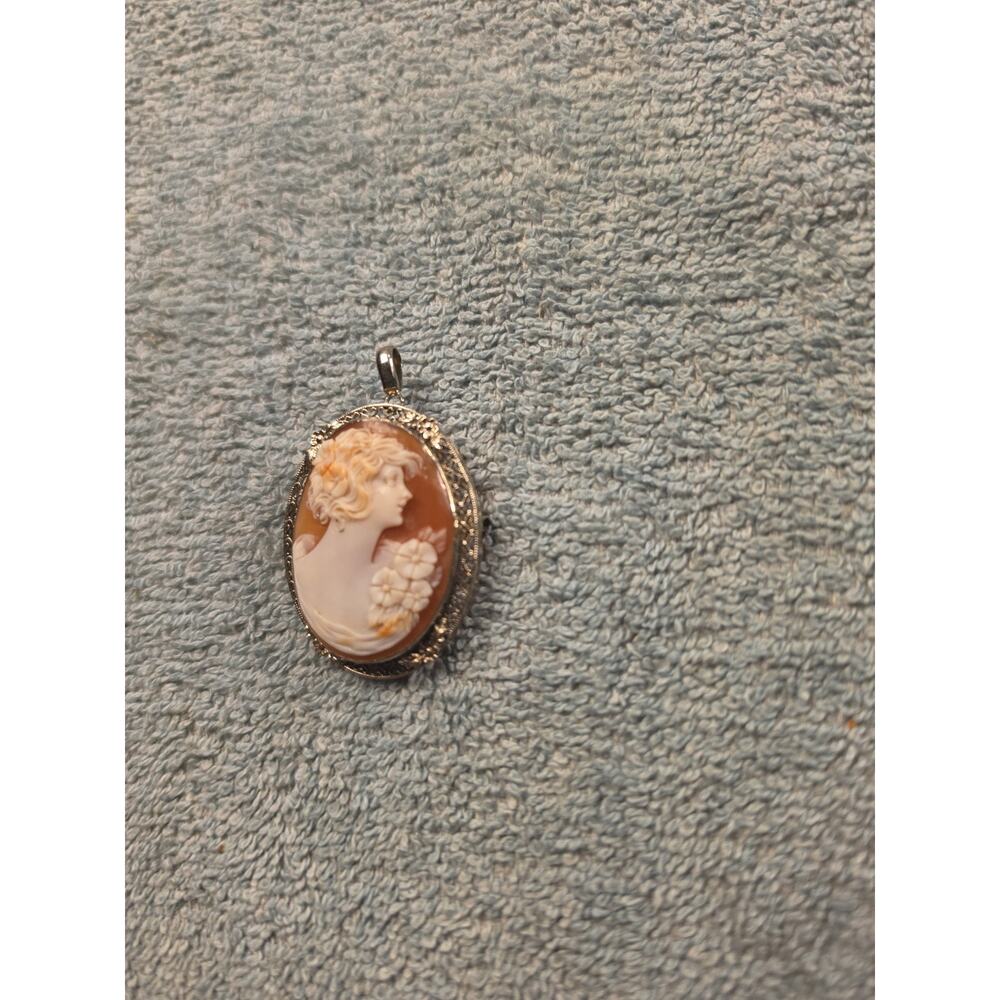 Vintage Hand Carved Shell Cameo Brooch Pendant Filigree Convertible Pin 2 - Picture 2 of 5